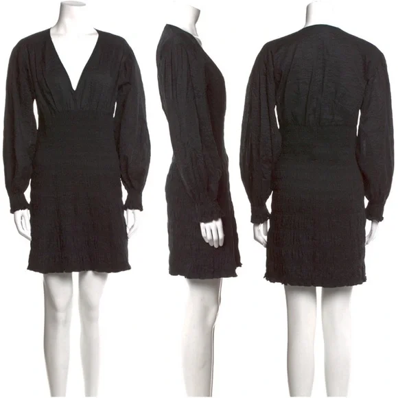 FRAME Denim V neck Smocked Long Sleeve Mini Dress Size Small Black NWT